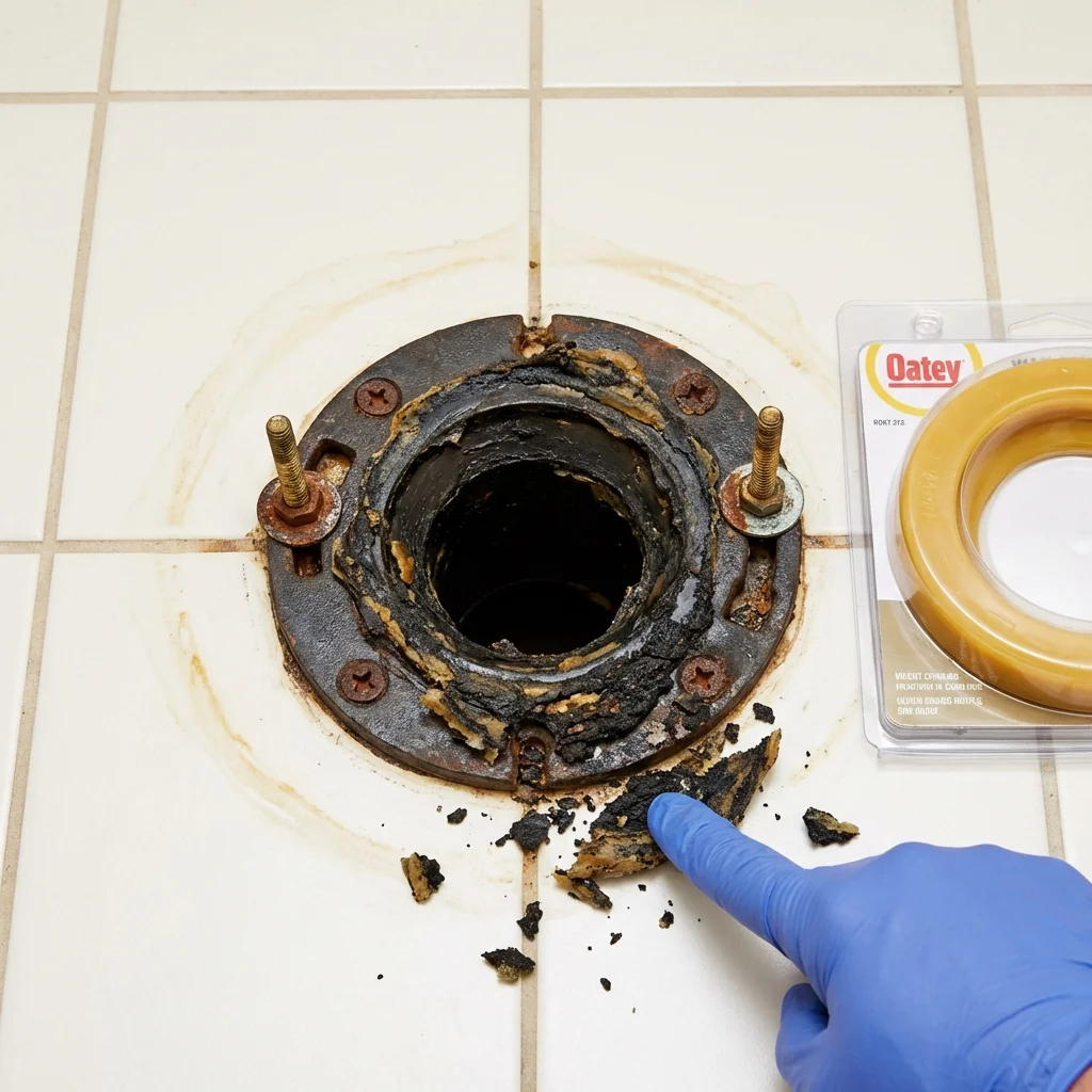 Failed wax ring showing water seepage at the base of a toilet in a Farmington, AR home