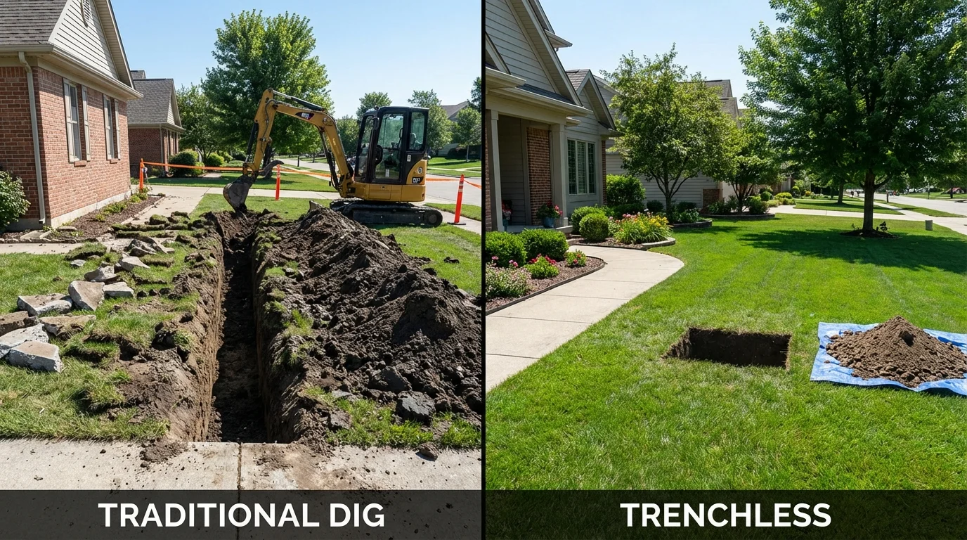 Trenchless sewer repair with minimal yard damage versus traditional excavation in Farmington, AR