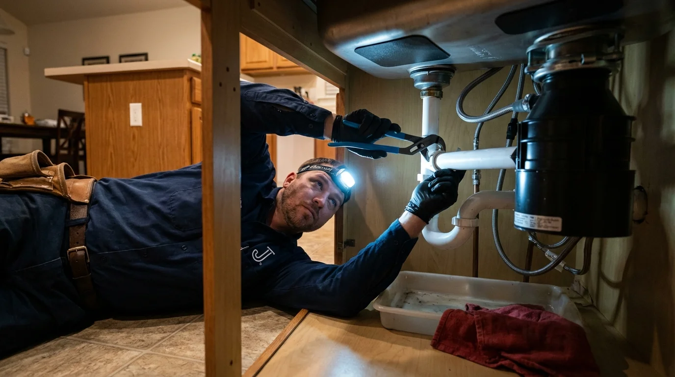 P-trap and supply line connections under a kitchen sink showing a common leak point in Farmington, AR